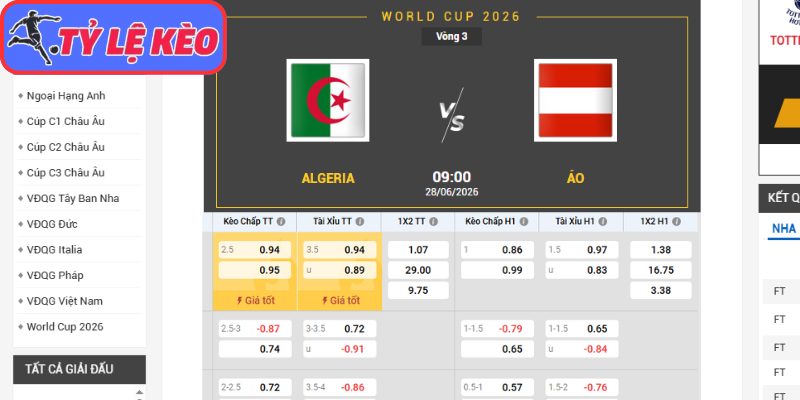 Soi Kèo Algeria Vs Áo 09h00 Ngày 28/06/2026 3 Kèo châu Á trận Algeria vs Áo (09:00 28/06/2026, Bảng J - World Cup)